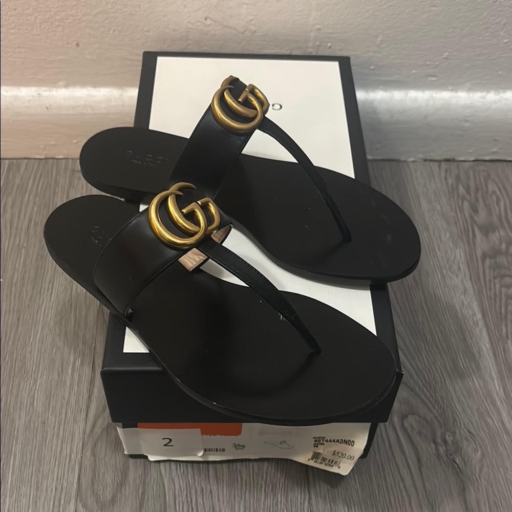 Gucci Marmont Black GG Leather Sandals